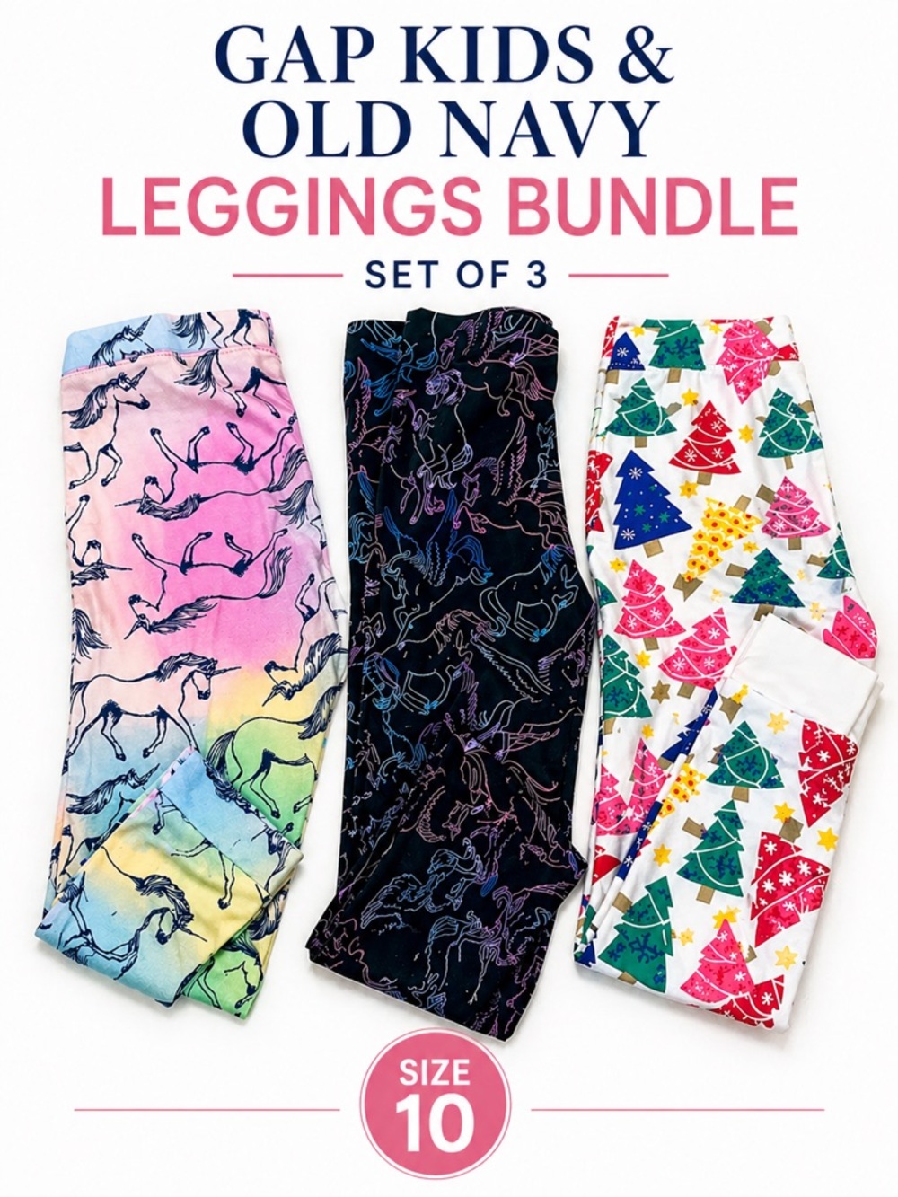 GAP Kids & Old Navy Girls Leggings Bundle Size 10 Unicorn Holiday Set of 3